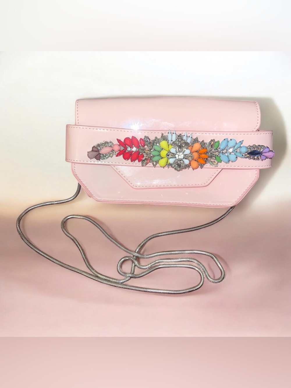 Steve Madden Pink Patent Crossbody with Rainbow Jewel Embellishment